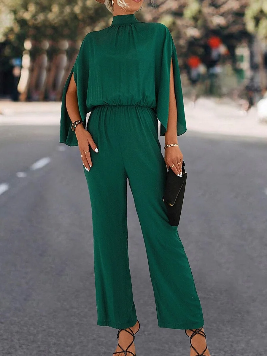 High Neck Cape Sleeves Ankle-Length Pleated Wedding Guest Jumpsuits with Self-tie - Image 3