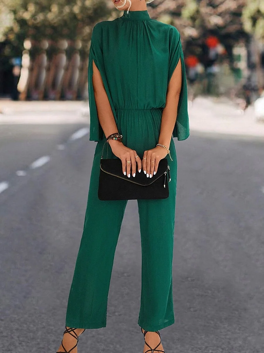 High Neck Cape Sleeves Ankle-Length Pleated Wedding Guest Jumpsuits with Self-tie - Image 4