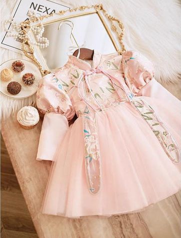 High Neck Knee Length Long Sleeves Embroidery Baby Girl Party Dress - Image 4