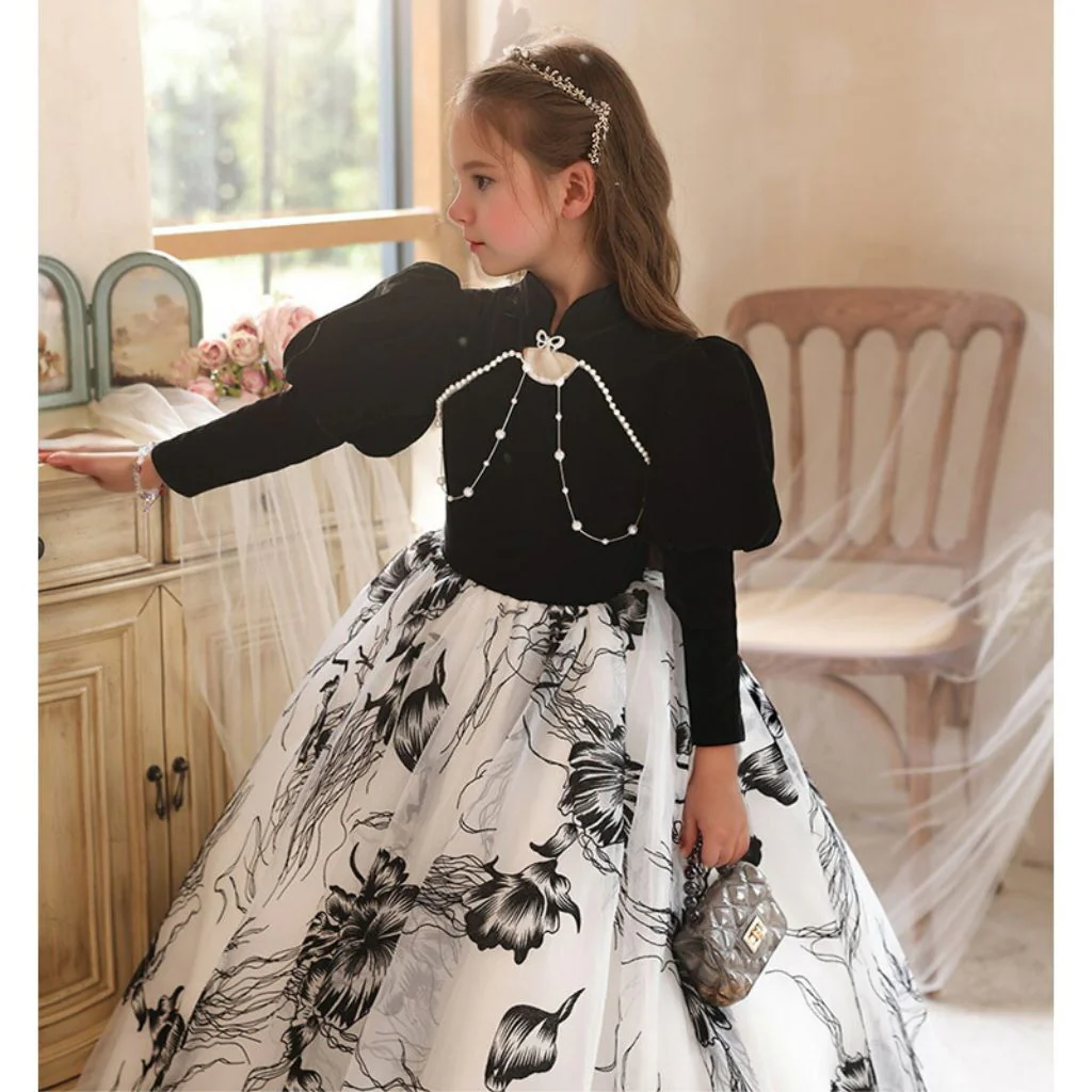 High Neck Long Sleeves A-Line/Princess Floor Length Girl Party Dress with Beadings - Image 4