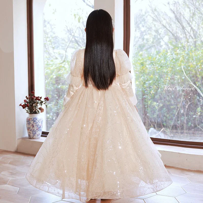 High Neck Long Sleeves Winter Lace Girl Party Dresses with Rhinestone Appliques - Image 2