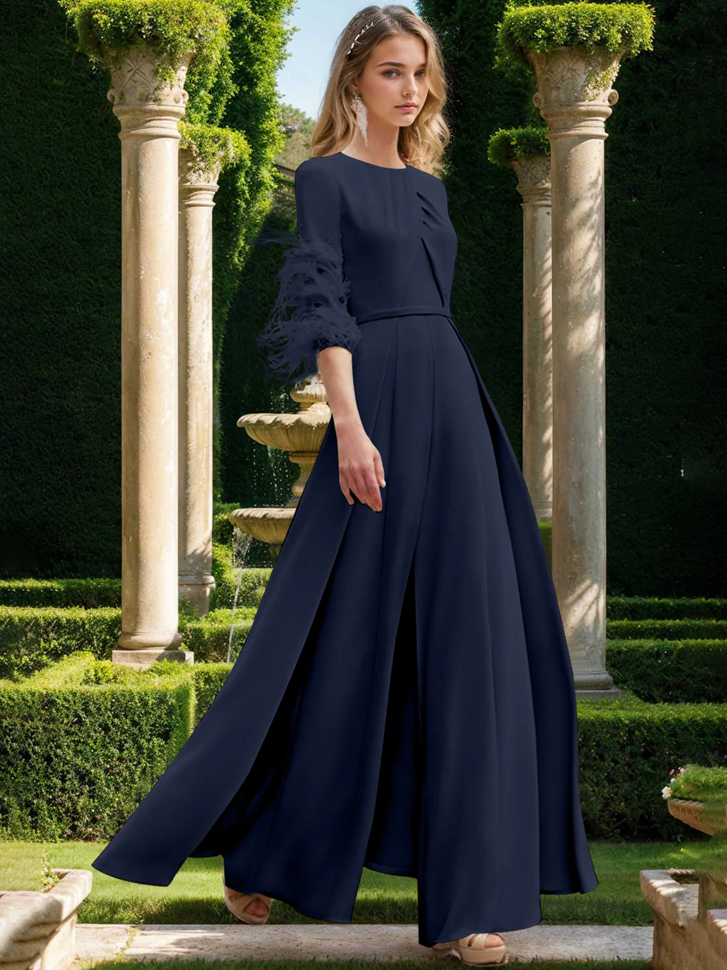 Jewel Neck Half Sleeves Ankle-Length Mother Of The Bride Pantsuits With Feathers - Image 25