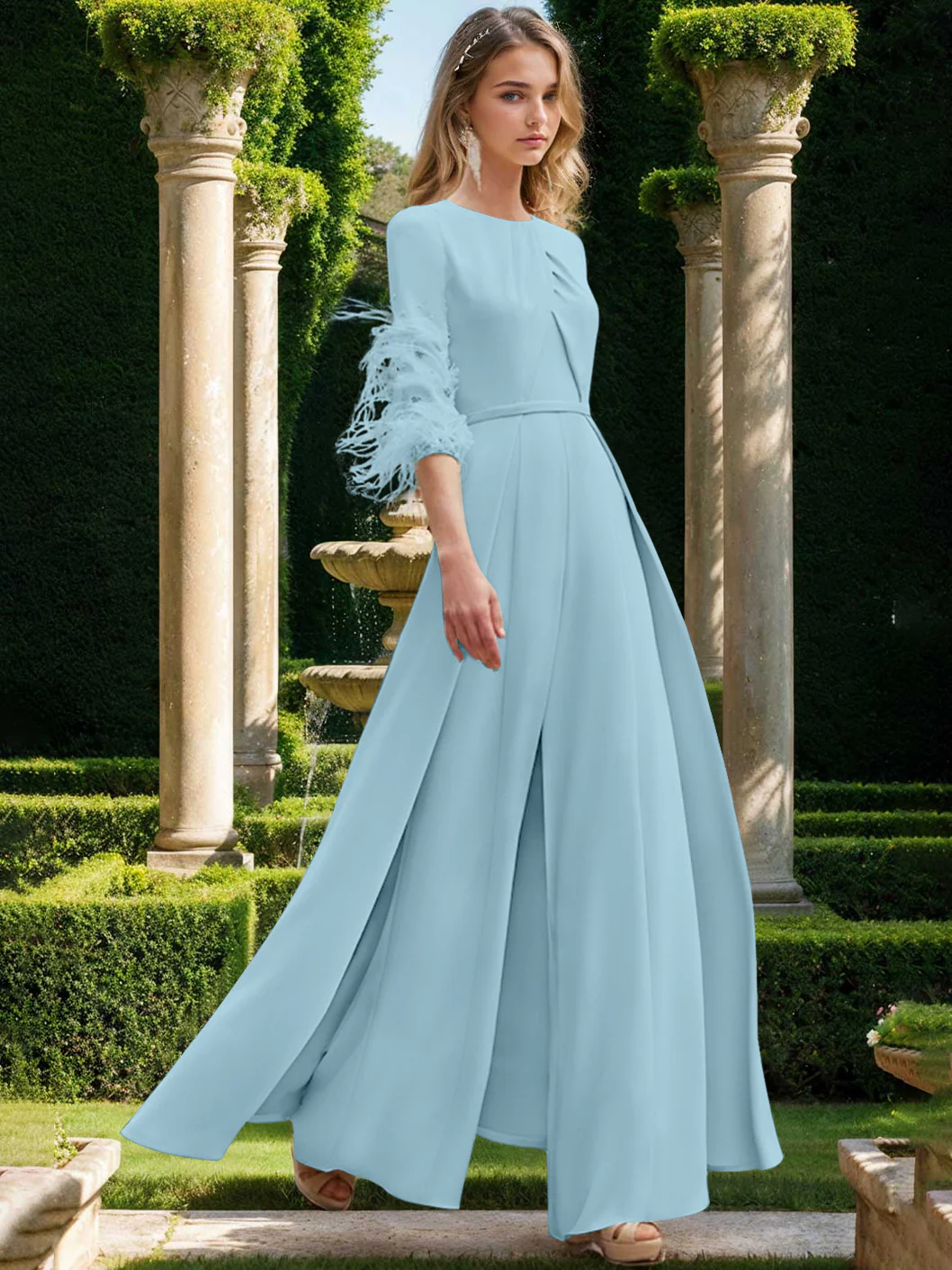 Jewel Neck Half Sleeves Ankle-Length Mother Of The Bride Pantsuits With Feathers - Image 39