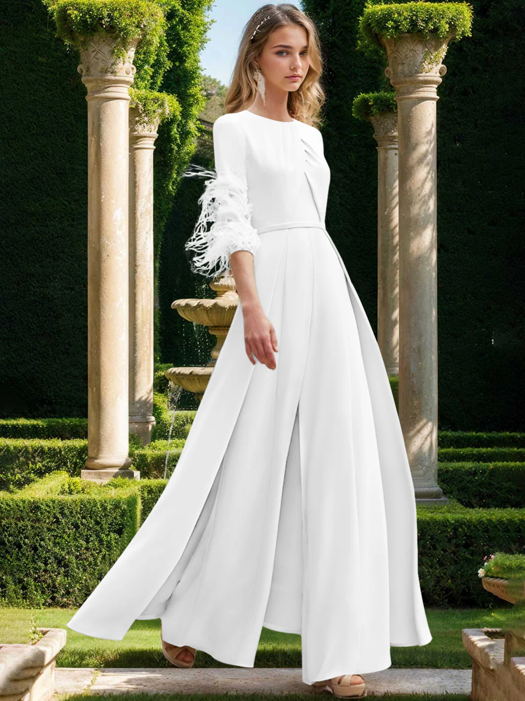 Jewel Neck Half Sleeves Ankle-Length Mother Of The Bride Pantsuits With Feathers - Image 43
