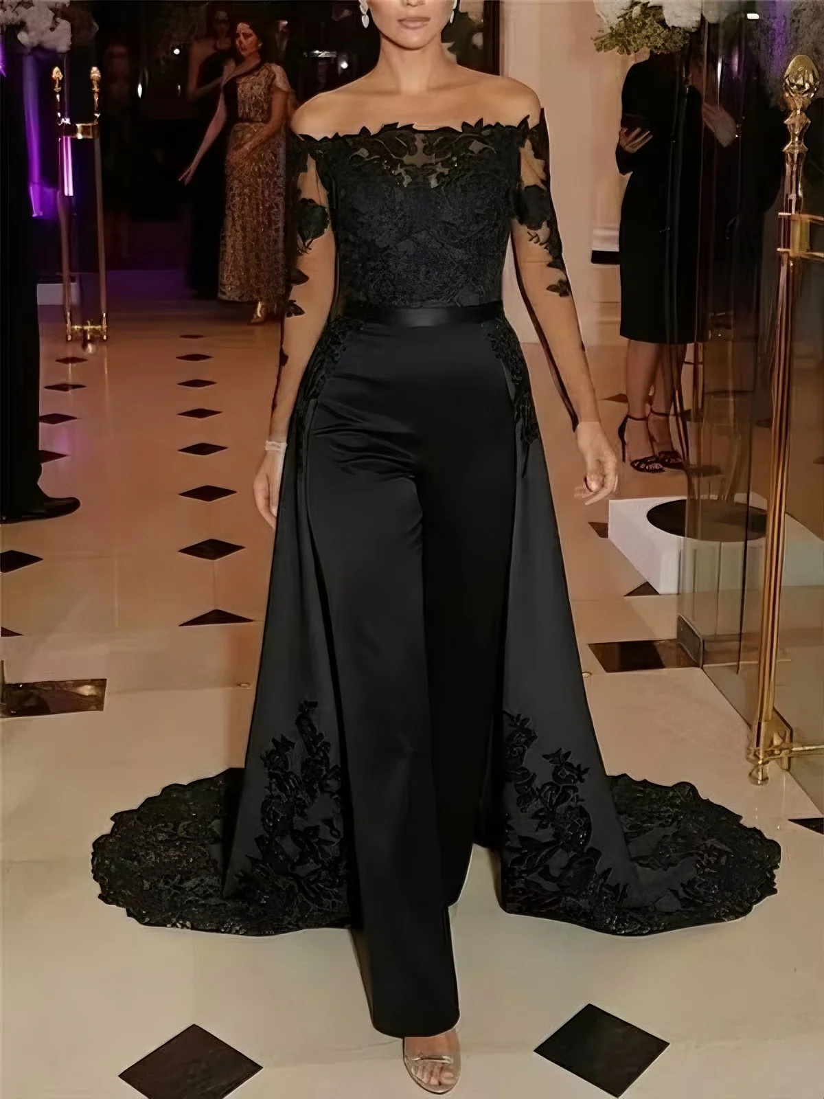 Jumpsuit Off-the-Shoulder Stretch Satin Evening Dresses with Overskirt Lace Long Sleeves Party Dresses - Image 4