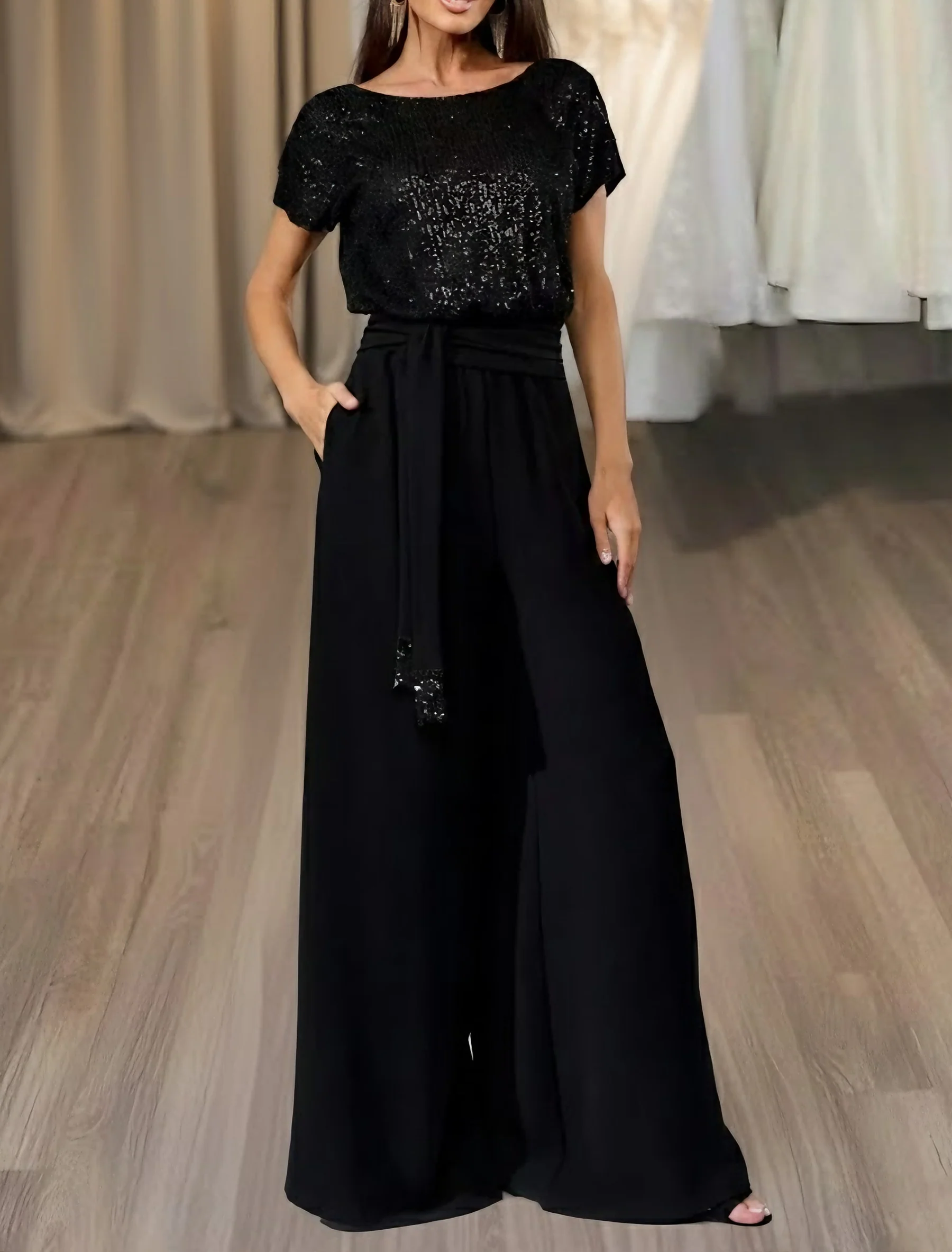 Jumpsuit Scoop Stretch Satin Evening Dresses Sequins Sash Short Sleeves Party Dresses - Image 4