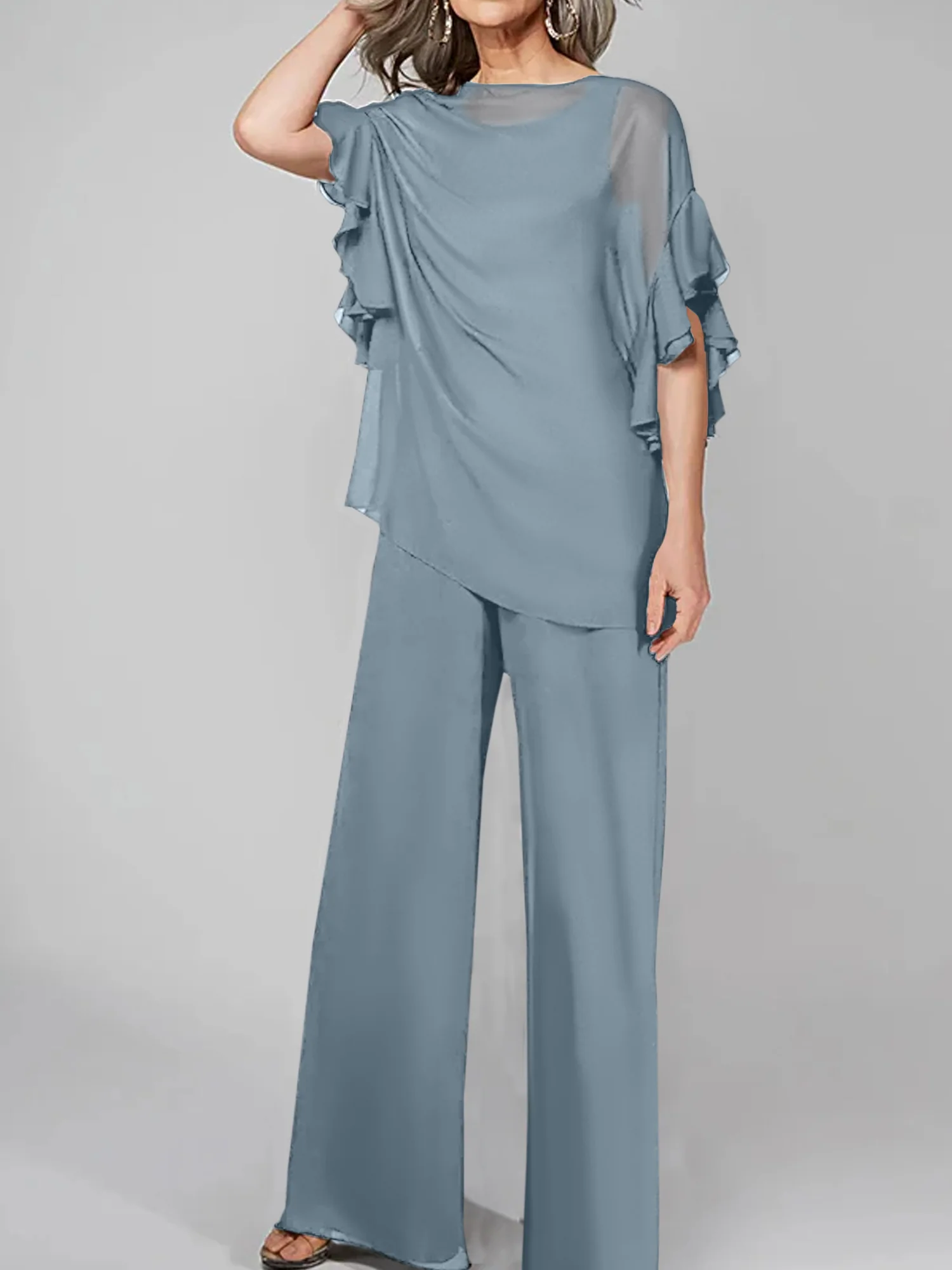 Jumpsuits Scoop Half Sleeves Chiffon Mother Of The Bride Pantsuits - Image 13