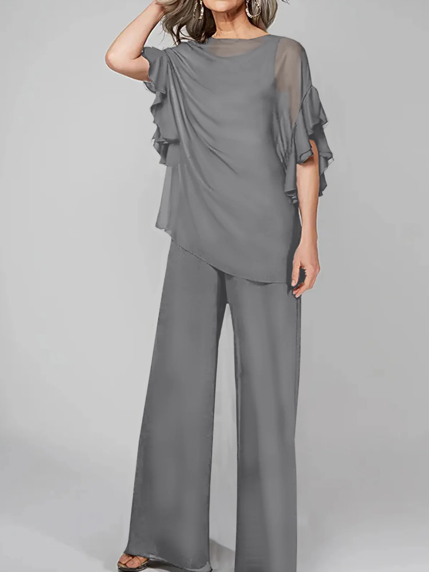 Jumpsuits Scoop Half Sleeves Chiffon Mother Of The Bride Pantsuits - Image 22