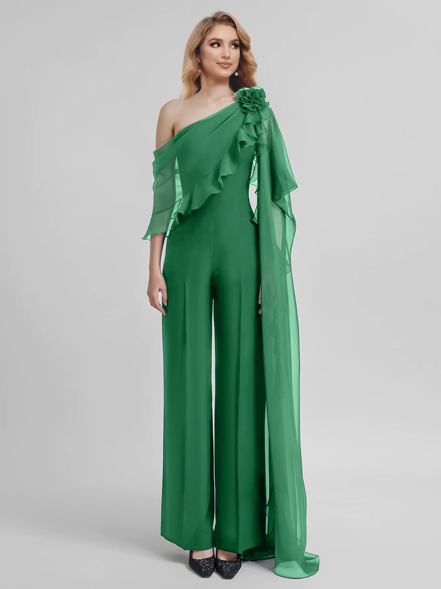 Jumpsuits One-Shoulder Half Sleeves Chiffon Mother Of The Bride Pantsuits - Image 20