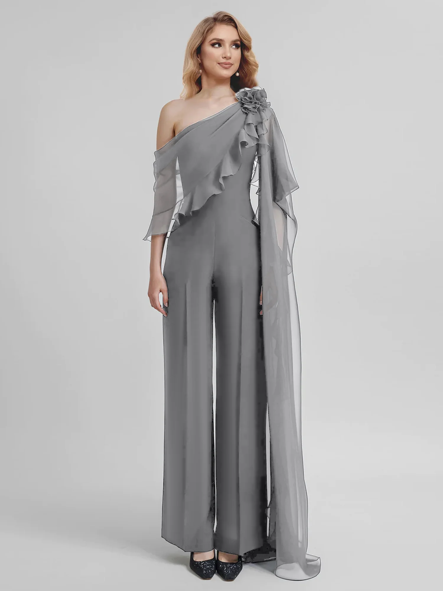 Jumpsuits One-Shoulder Half Sleeves Chiffon Mother Of The Bride Pantsuits - Image 26