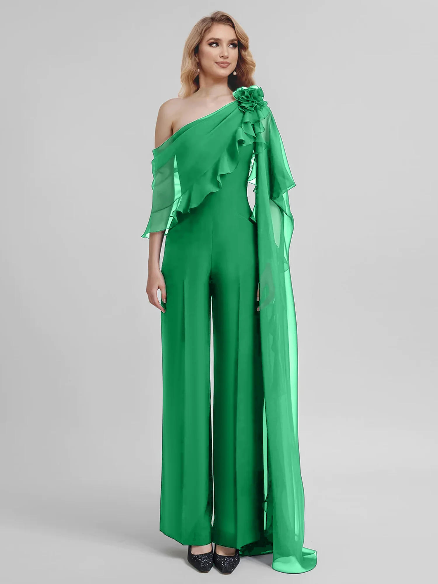 Jumpsuits One-Shoulder Half Sleeves Chiffon Mother Of The Bride Pantsuits - Image 27