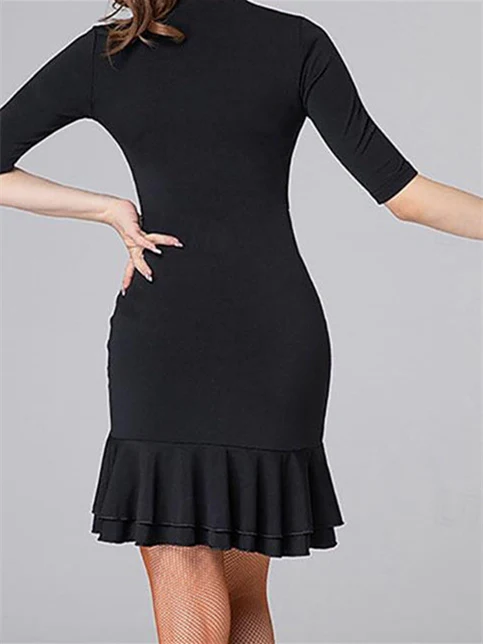 Latin Dance Ballroom Dance Dress Ruffles Pure Color Splicing Women's Performance Training Half Sleeve - Image 4