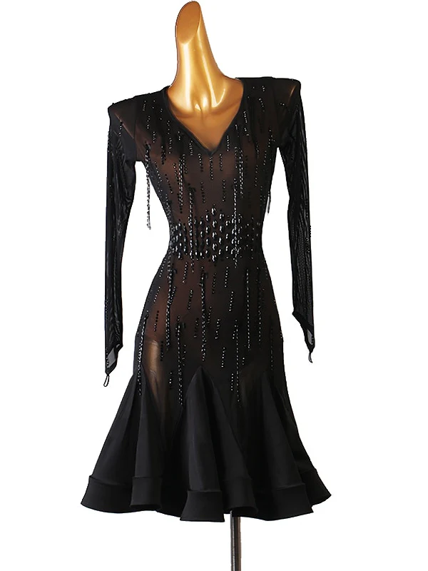 Latin Dance Dress Beading Crystals/Rhinestones Sequins Women‘s Performance Long Sleeve Chinlon Mesh - Image 3
