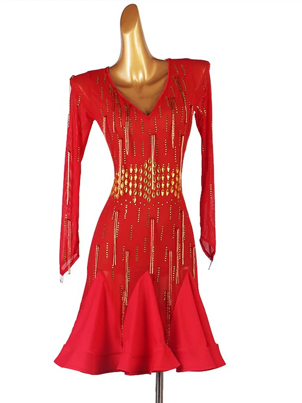 Latin Dance Dress Beading Crystals/Rhinestones Sequins Women‘s Performance Long Sleeve Chinlon Mesh - Image 7