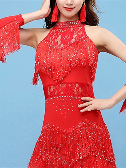 Latin Dance Dress Lace Fringed Tassel Split Joint Women‘s Training Performance Sleeveless - Image 5