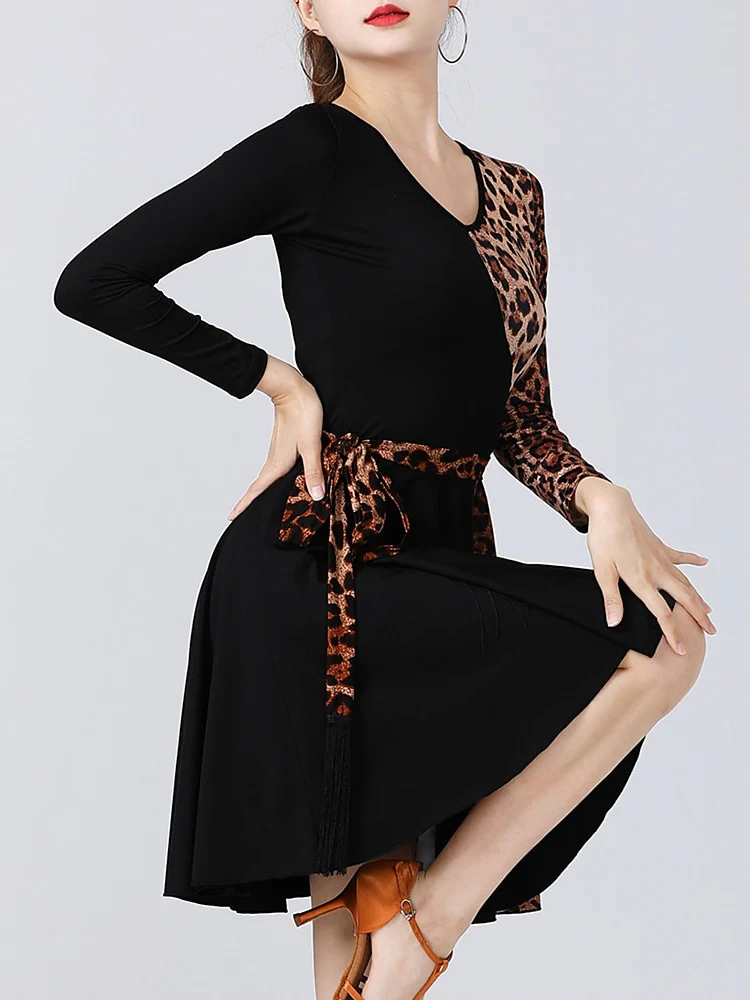 Latin Dance Dress Leopard Print Printing Splicing Women's Performance Training Long Sleeve - Image 4