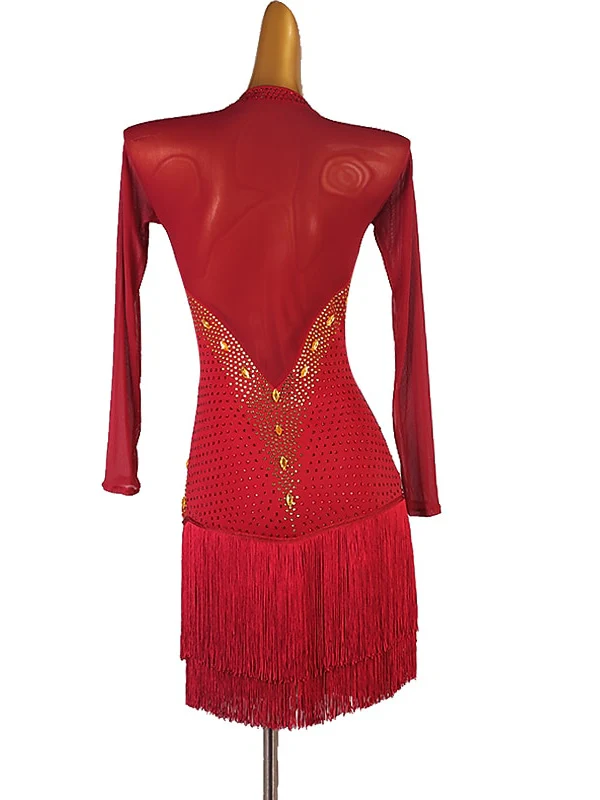 Latin Dance Dress Long Sleeve Tassel Crystals/Rhinestones Women's Performance Chinlon Mesh - Image 10