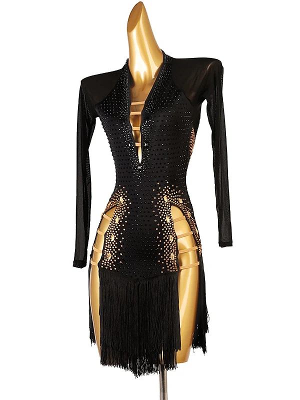 Latin Dance Dress Long Sleeve Tassel Crystals/Rhinestones Women's Performance Chinlon Mesh - Image 2