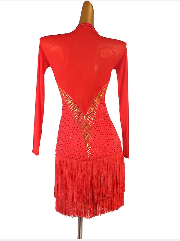 Latin Dance Dress Long Sleeve Tassel Crystals/Rhinestones Women's Performance Chinlon Mesh - Image 7
