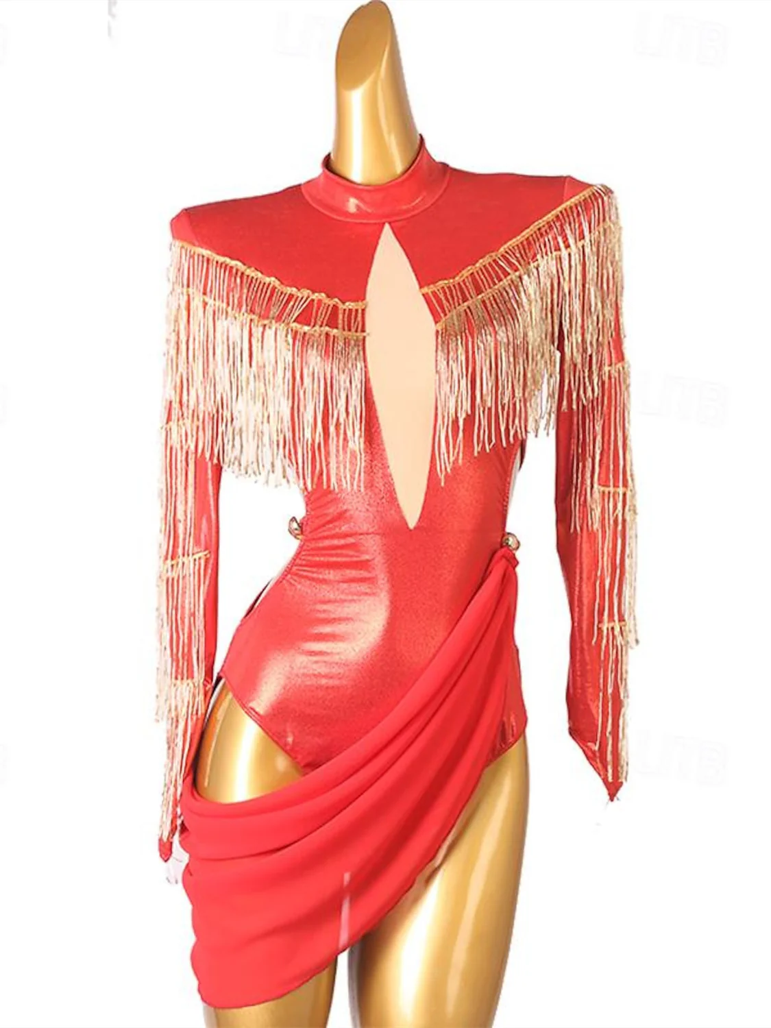 Latin Dance Dress Scattered Crystals Style Women's Performance Training Long Sleeve High PU Tulle