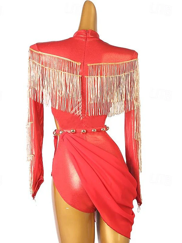 Latin Dance Dress Scattered Crystals Style Women's Performance Training Long Sleeve High PU Tulle - Image 4