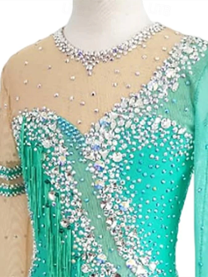 Latin Dance Dress Tassel Crystals/Rhinestones Women's Girls' Performance Training Long Sleeve Stretch Yarn Lycra - Image 4