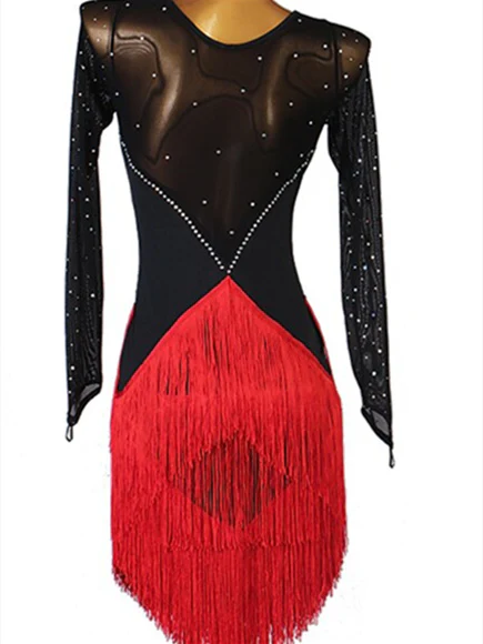 Women's Dancewear Latin Dance Dress Tassel Crystals/Rhinestones Women's Performance Long Sleeve - Image 2