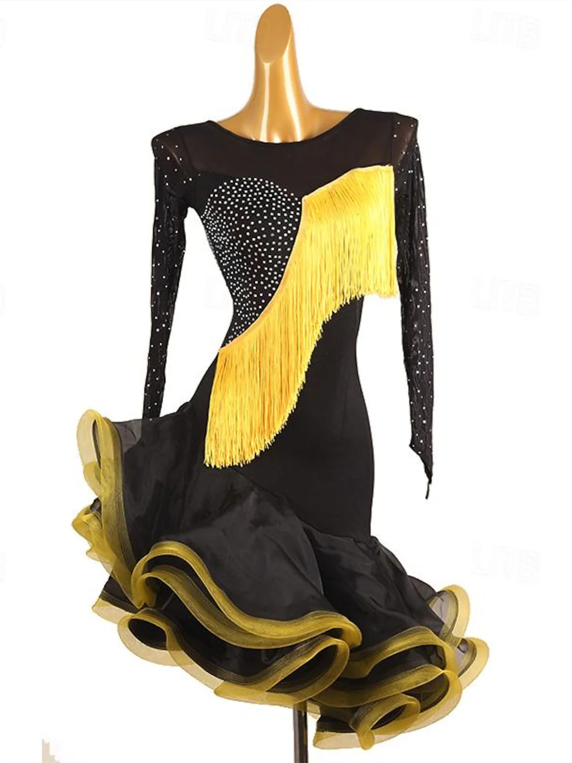 Latin Dance Dress Tassel Crystals/Rhinestones Women's Performance  Long Sleeve Spandex Organza - Image 4