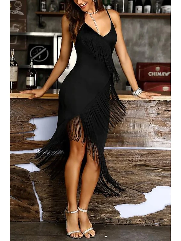 Latin Dance Dress Tassel Pure Color Women's Performance Dancewear Wear Sleeveless Polyester - Image 2