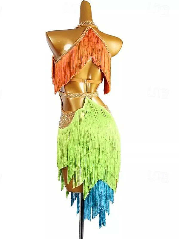 Latin Dance Dress Tassel Splicing Crystals/Rhinestones Women's Performance Training Sleeveless Chinlon Spandex - Image 2