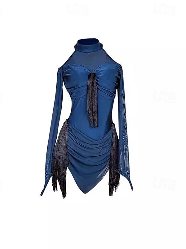 Latin Dance Dress Tassel Splicing Women's Performance Training Long Sleeve Polyester Mesh Spandex - Image 4
