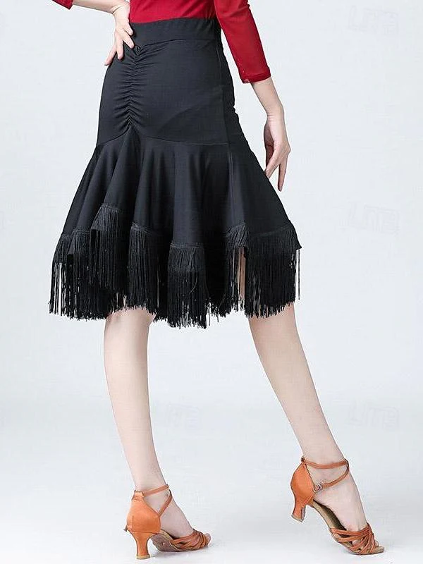 Latin Dance High Elastane  Tassel Pure Color Splicing Women's Performance Training Dance Skirts - Image 2