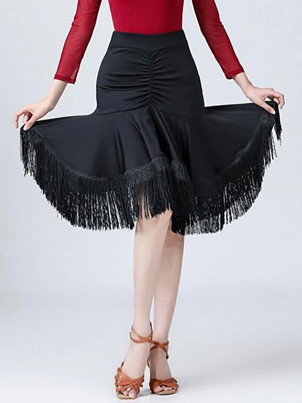 Latin Dance High Elastane  Tassel Pure Color Splicing Women's Performance Training Dance Skirts - Image 3