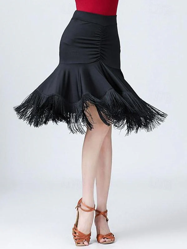 Latin Dance High Elastane  Tassel Pure Color Splicing Women's Performance Training Dance Skirts - Image 4