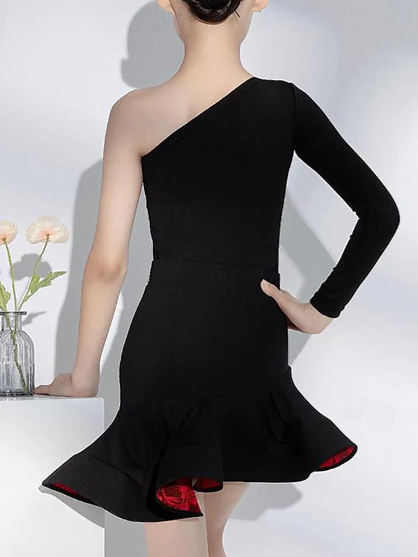 Latin Dance Kids' Dancewear Asymmetrical Long Sleeve Splicing Girls' Performance & Spandex - Image 2