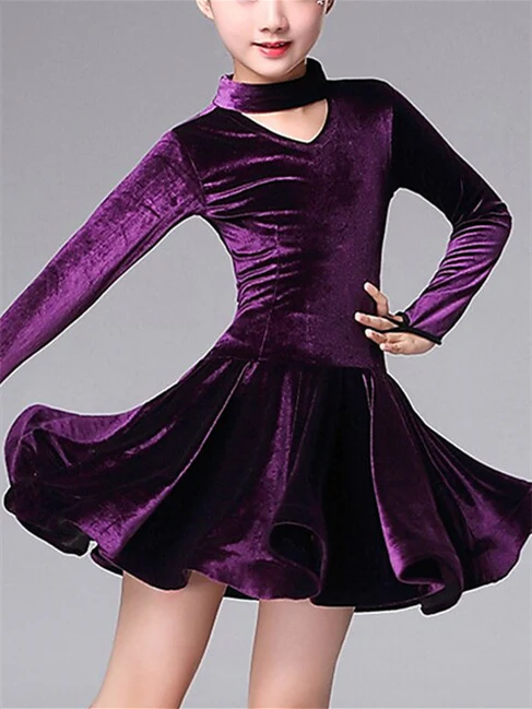 Latin Dance Kids' Dancewear Dress Cascading Ruffles Long Sleeve Girls' Performance Pleuche - Image 4