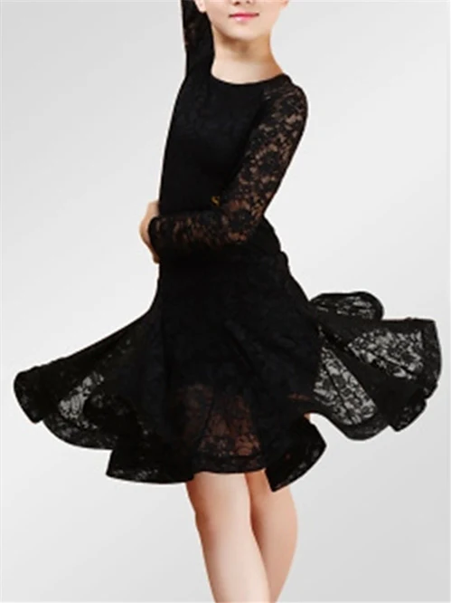 Latin Dance Kids' Dancewear Dress Lace Ruching Long Sleeve Spandex Girls' Performance - Image 2