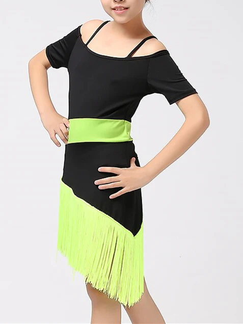Latin Dance Kids' Dancewear Dress Short Sleeve  Cotton Blend Tassel Splicing Girls' Performance - Image 5