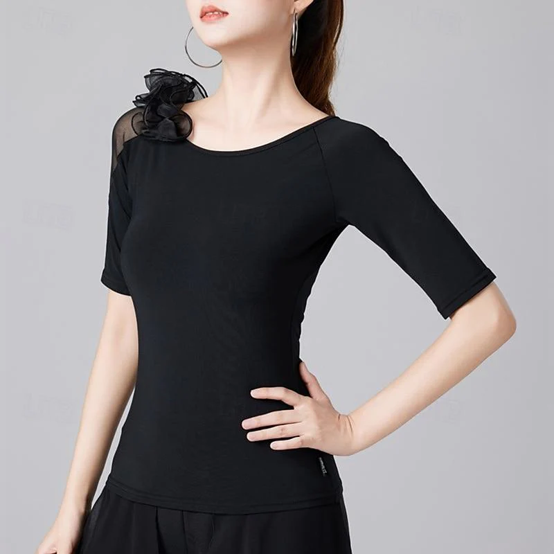Latin Dance Short Sleeves Pure Color Ruffle Splicing Women's Performance Training - Image 4