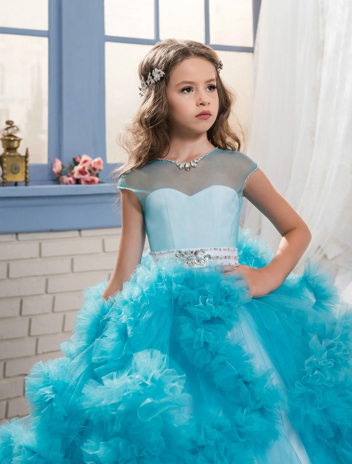 Layered Ruffle Ball Gown Flower Girl Dresses with Rhinestone - Image 6