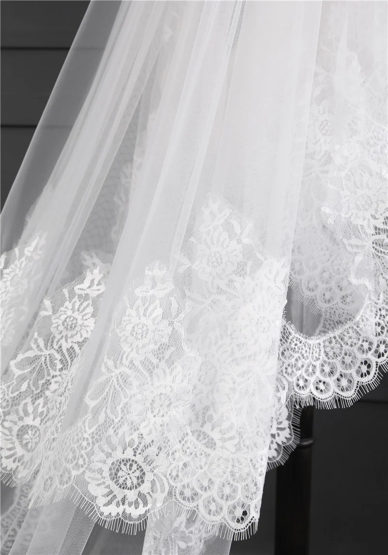 One-tier Long Lace Church Wedding Veils with Appliques - Image 6