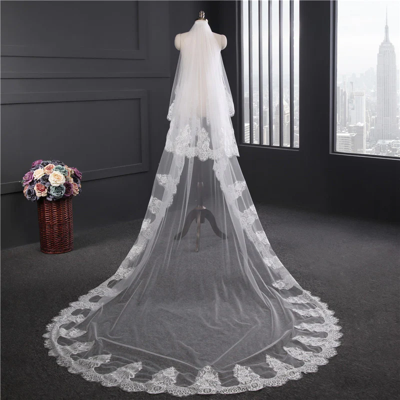 One-tier Long Lace Church Wedding Veils with Appliques - Image 8