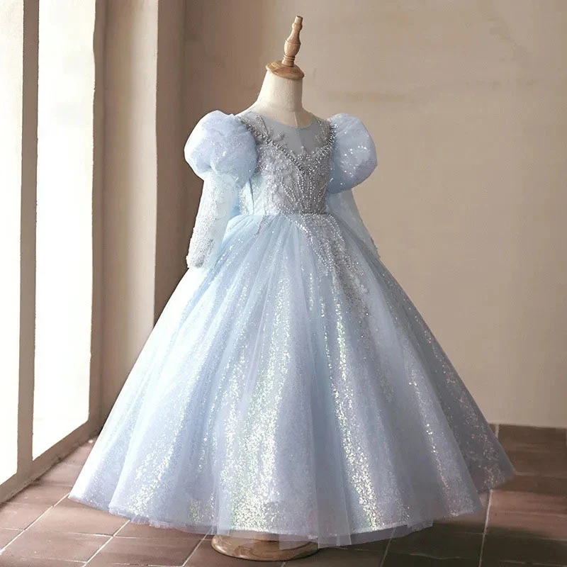 Long Sleeves Ball Gown Beading Appliques Shinning Girl Party Dress with Bow - Image 3