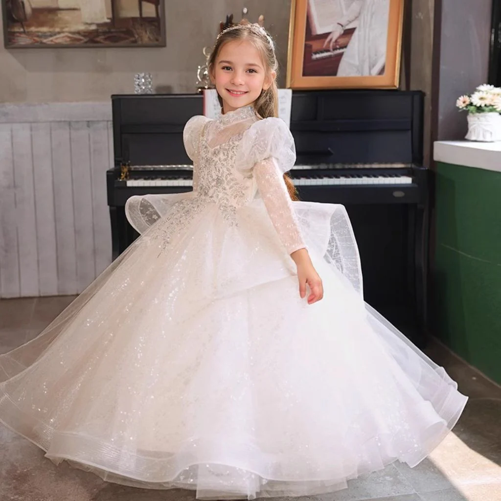 Long Sleeves High Neck Ball Gown Flower Girl Party Dress with Rhinestone Appliques - Image 2