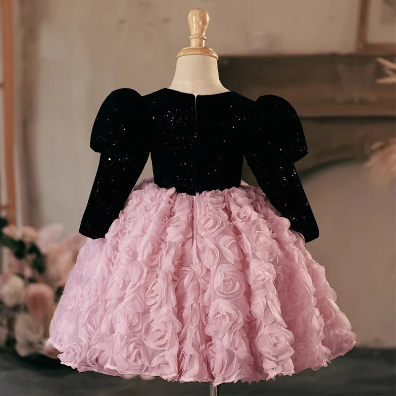 Long Sleeves Knee Length Round Neck Girl Party Dress with Ruched Flowers - Image 2