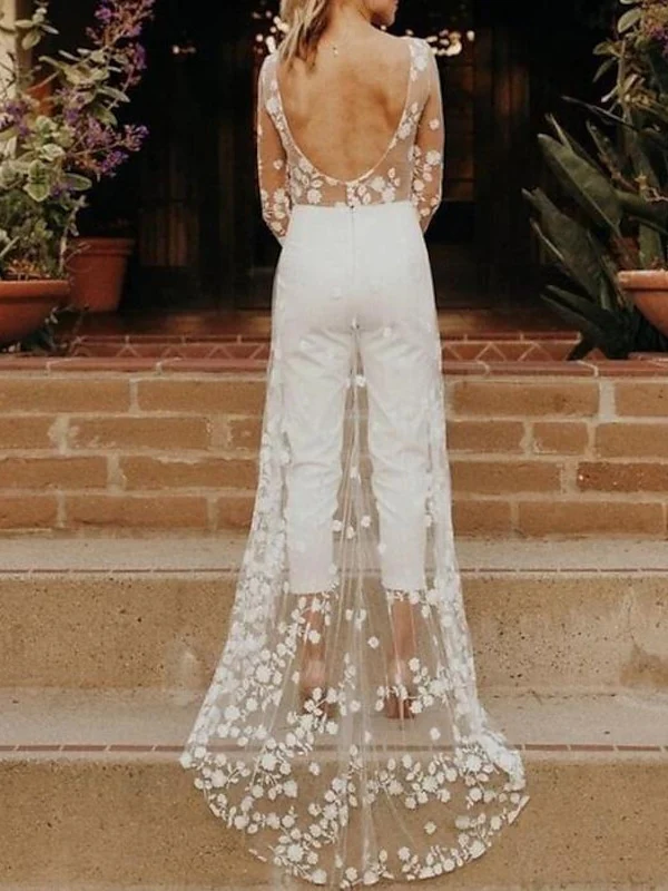 Long Sleeves Scoop Wedding Pant Suit Styles with Flower - Image 3