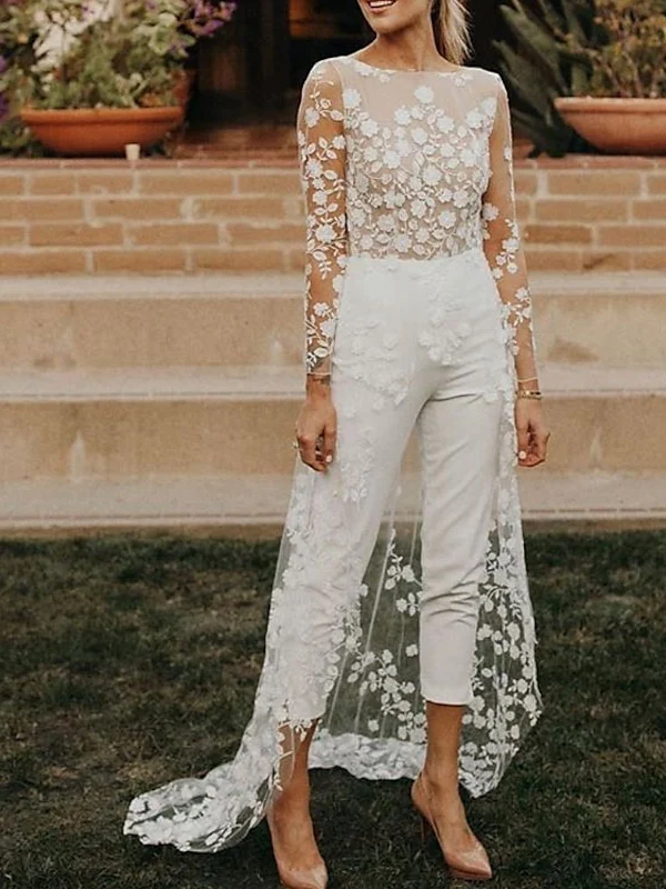 Long Sleeves Scoop Wedding Pant Suit Styles with Flower - Image 5