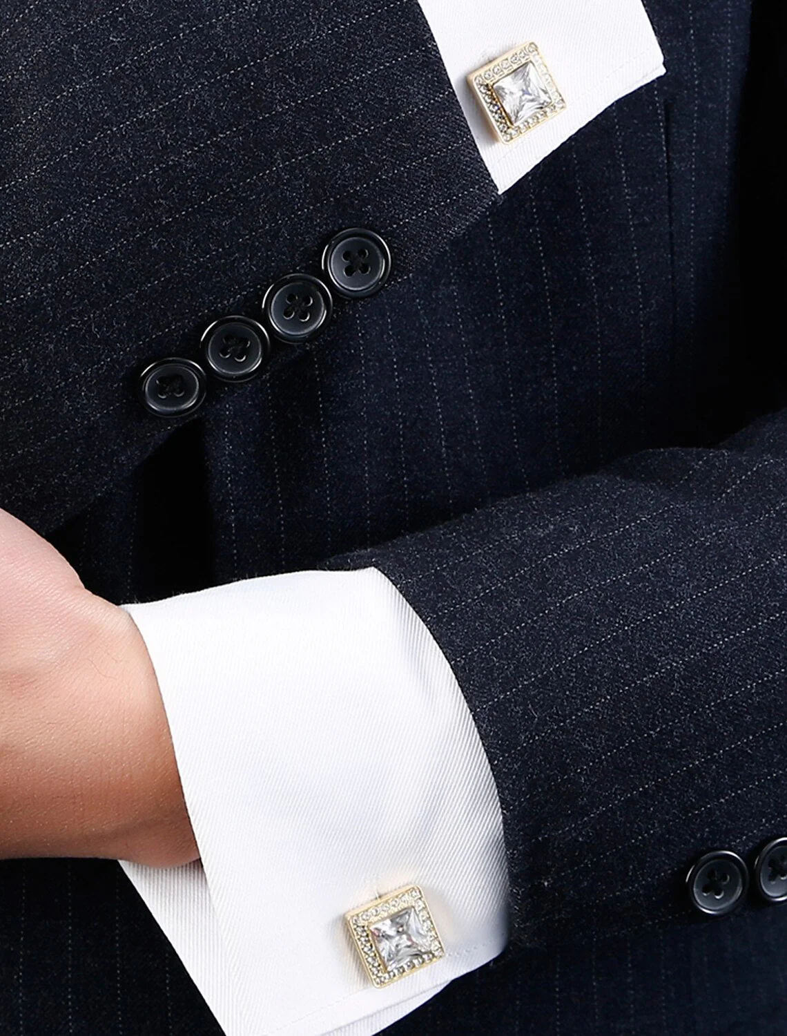 Men's 2Pcs Cufflinks Golden Geometric with Rhinestones - Image 3