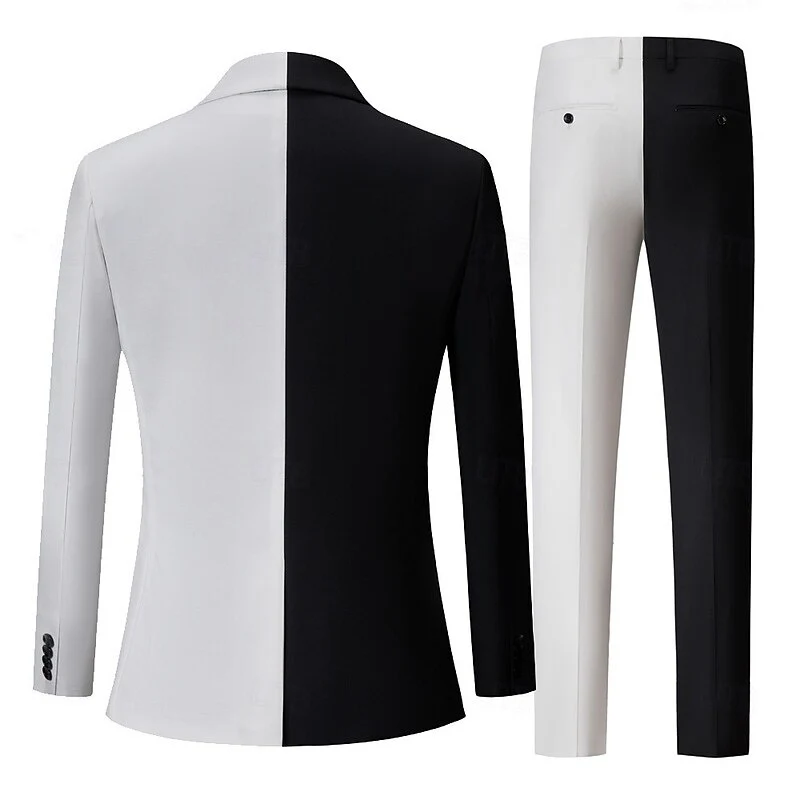 Men's Black White PatchworkPunk Fashion Standard Fit Single Breasted Party Prom Suits 2 Piece - Image 2