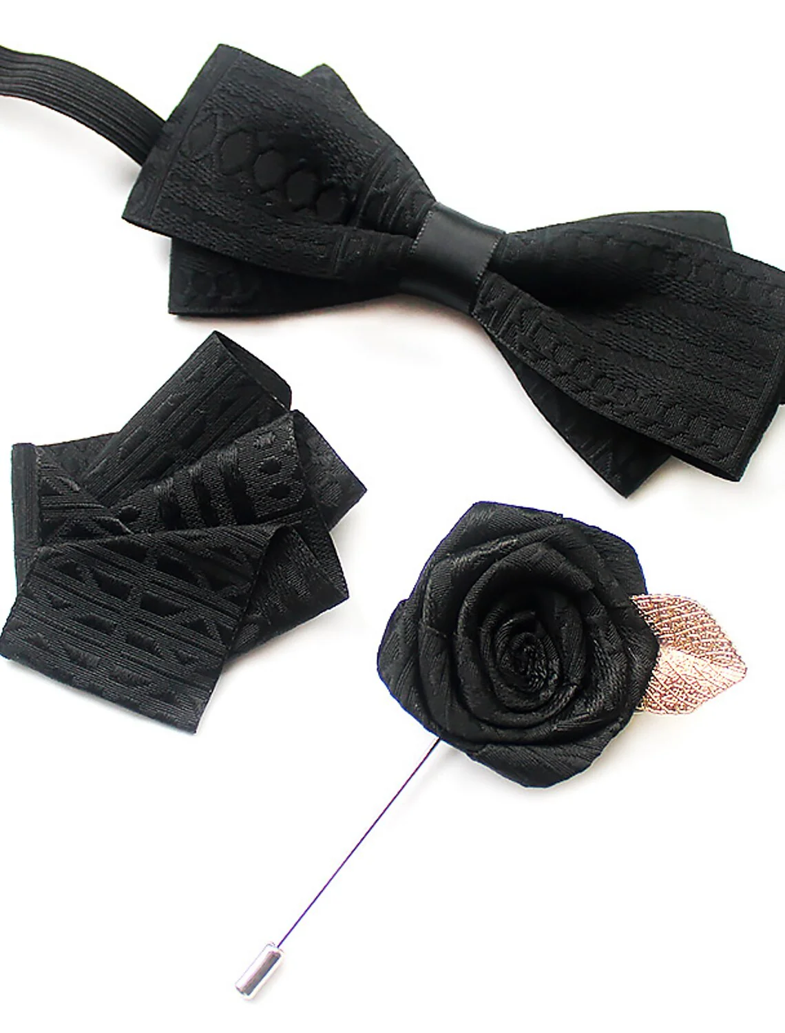 Men's Bow Tie Solid Color Black Yellow Wine Set - Image 3